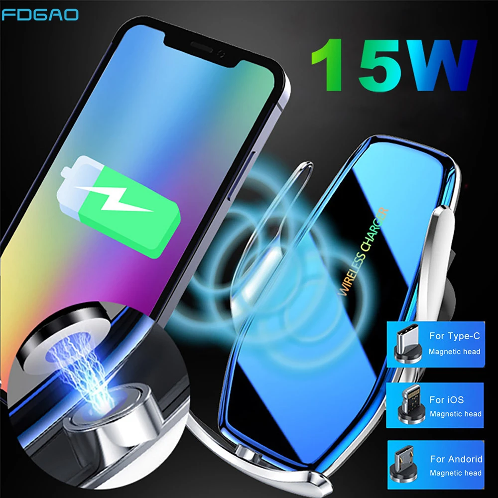 

15W Qi Wireless Car Charger Phone Holder Fast Charging Infrared Induction Mount for iPhone 12 11 XS XR 8 Samsung S21 S20 S10