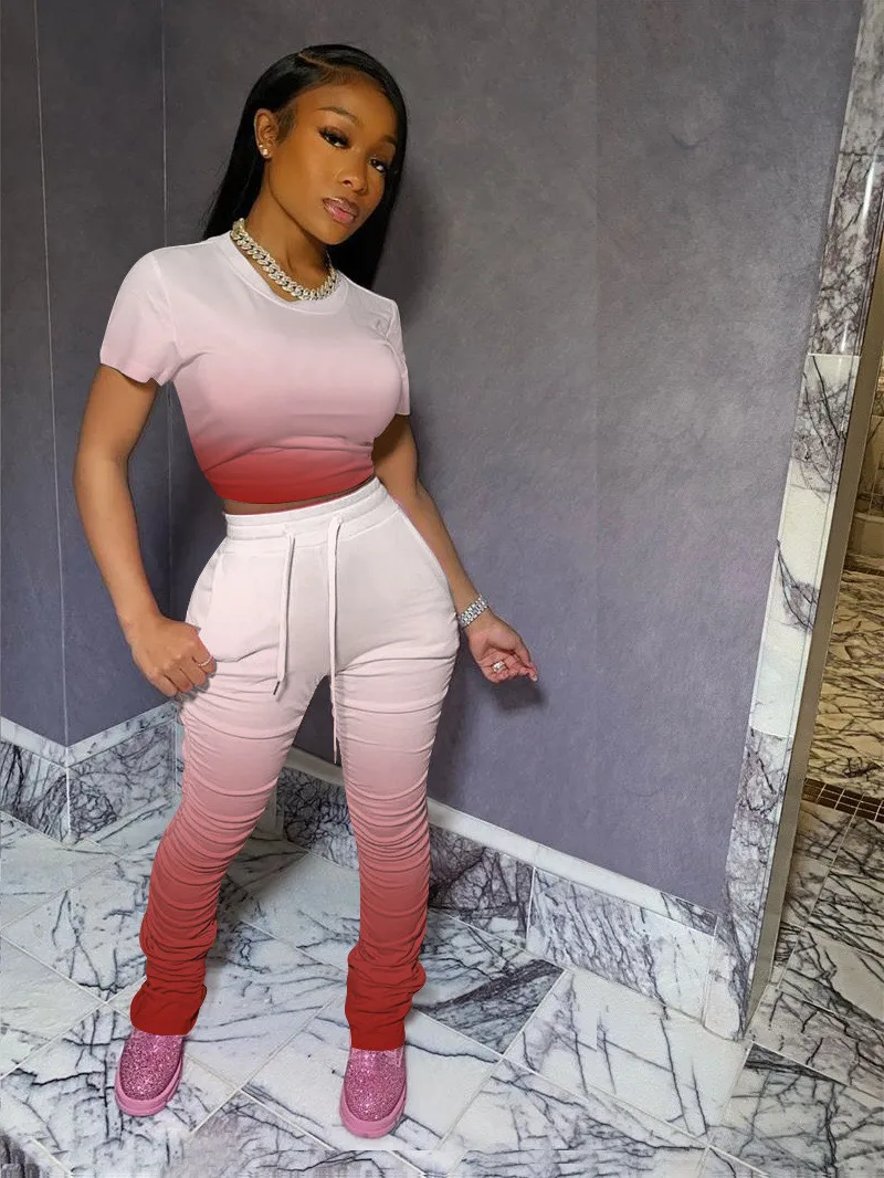 2020 Women Flare Pants Stacked Joggers Gradient Print Short Sleeve T-shirts Pleated High Waist Trousers Split Bell Bottoms 2PCS |