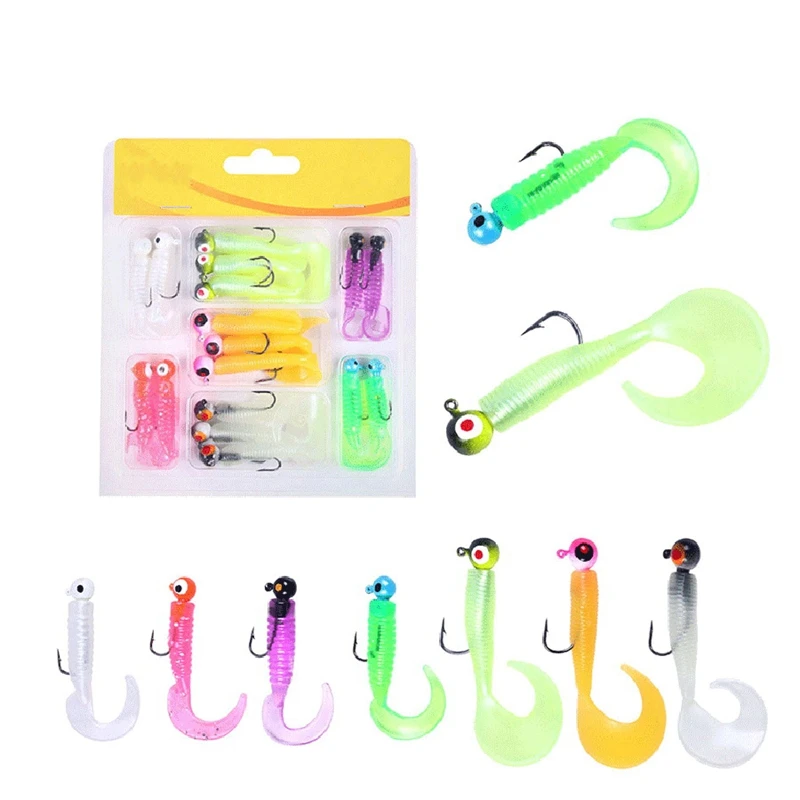 

17Pcs/Set Soft Fishing Lure Lead Jig Head Hook Grub Worm Fishing Baits Shads Silicone Artificial Baits
