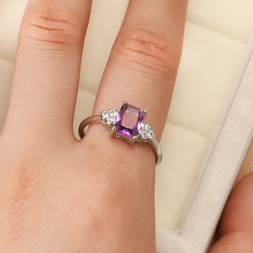 

Best selling European and American fashion S925 Sterling Silver Purple ring zircon lucky square crystal jewelry women's gift