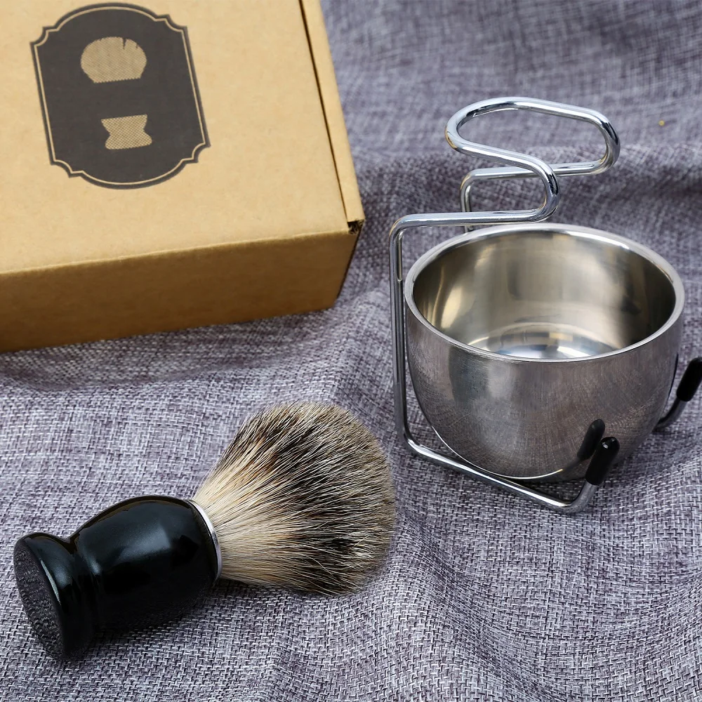 Набор кистей для бритья 3 в 1 деревянная ручка держатель из нержавеющей стали и