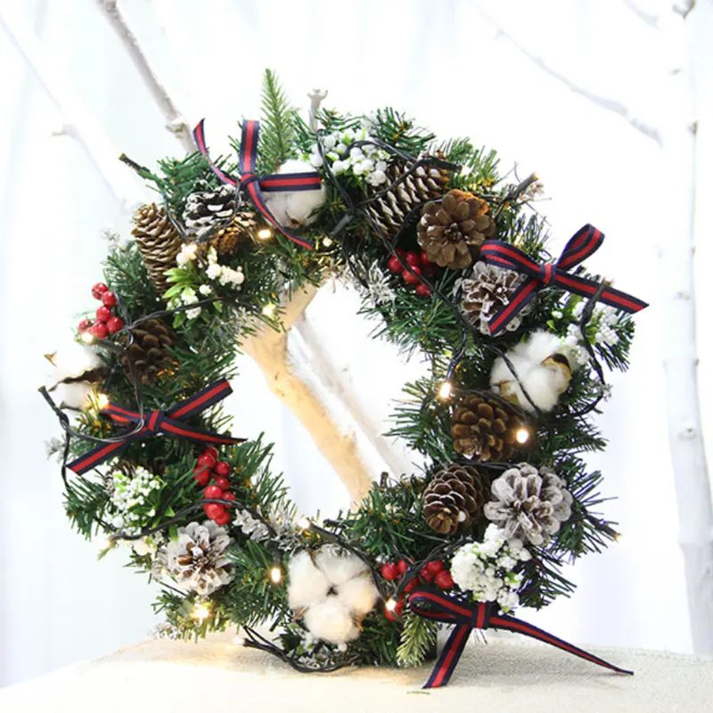 

30cm Artificial Pine Cones Cotton Christmas Wreath Decoration Bow New Year's Garland Hanging for Holiday Home Door Decorations