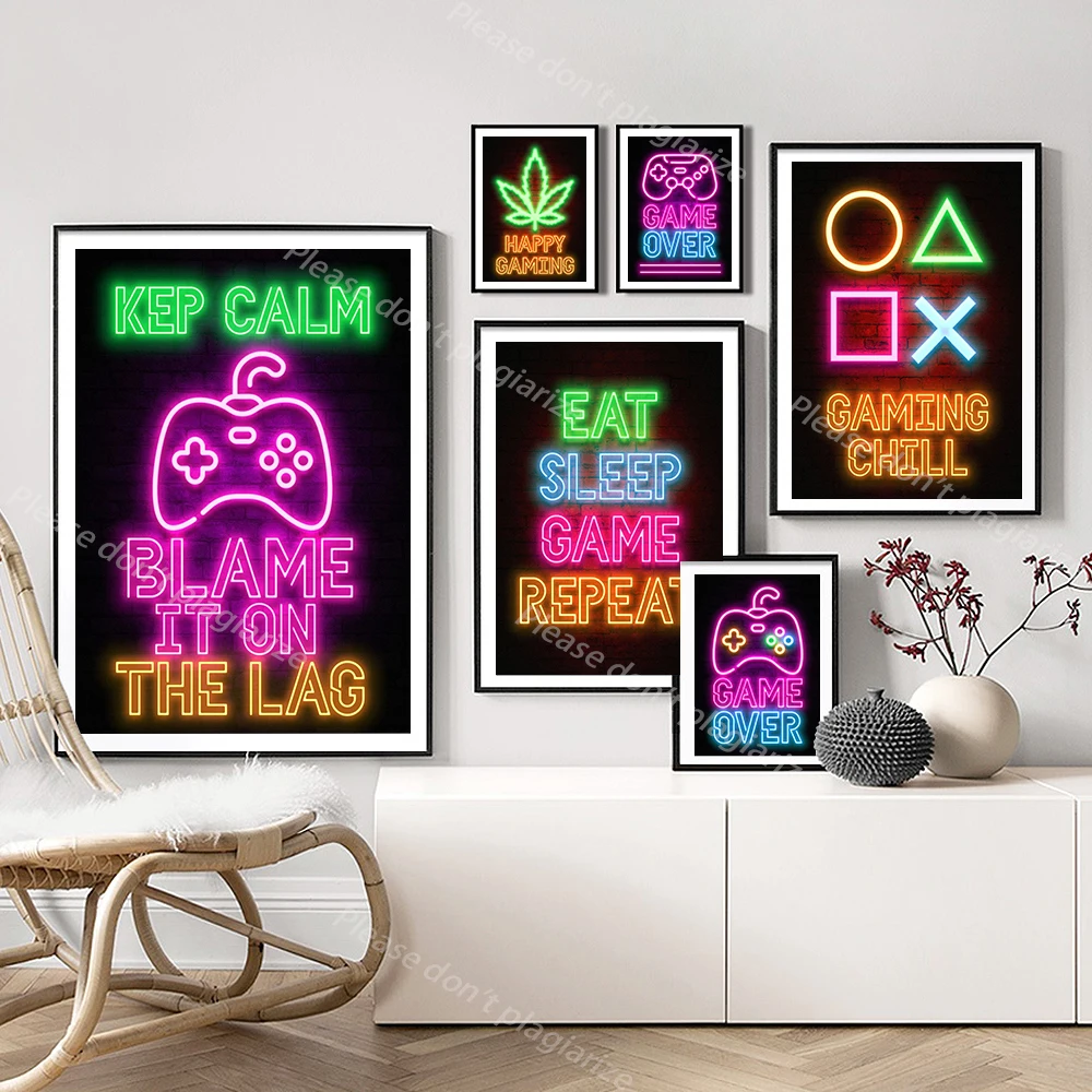 

Gamer Happy Gaming Chill Wall Art Poster Prints Neon Game Canvas Painting Canvas Picture for Kids Boys Room Decorative Playroom