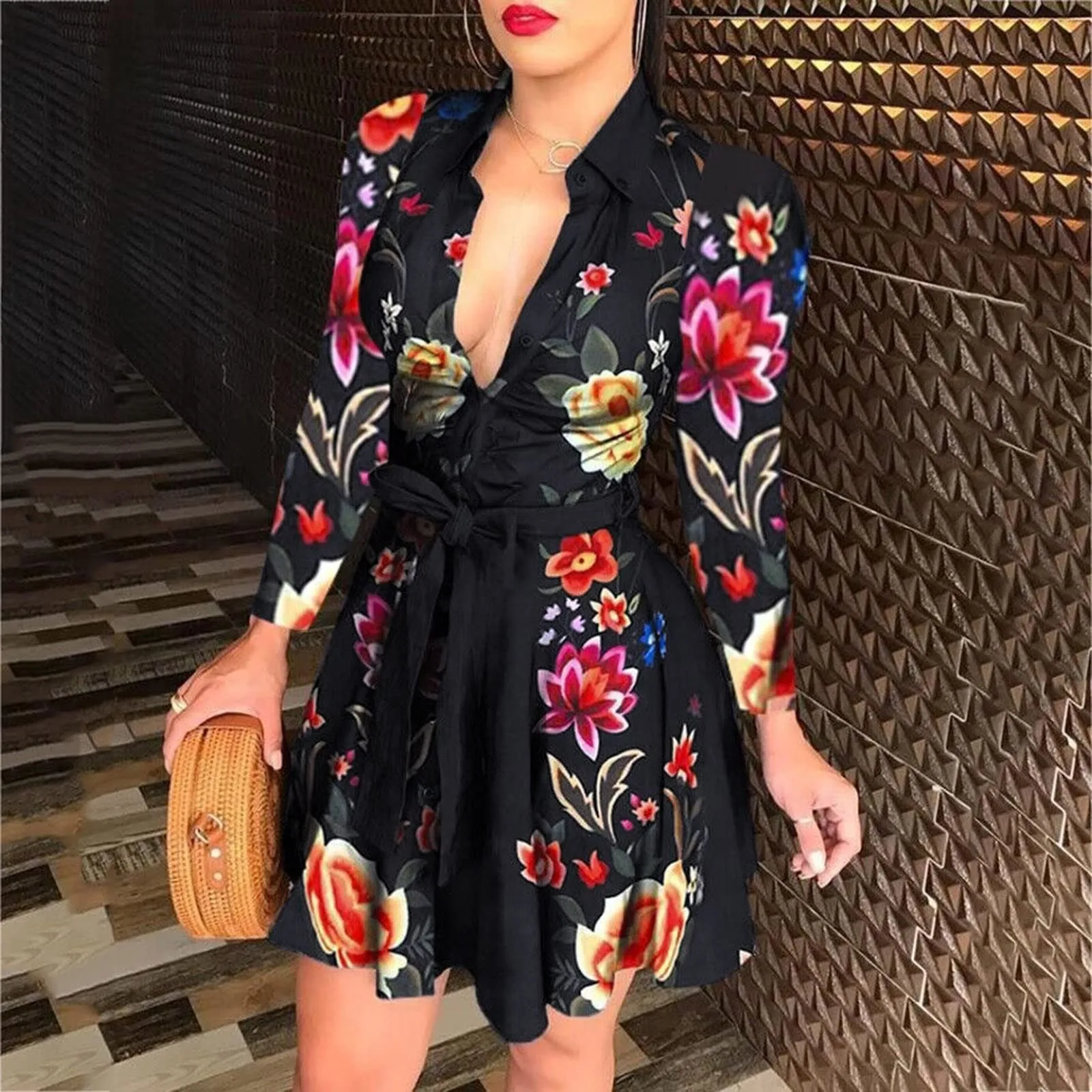 

Dress Women Summer Long Sleeve Shirt Dress Slim Lace Up Short Dresses Office Lady Casual Solid V-neck Female Blouse Dress Autumn