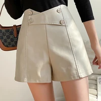 new fashion double breasted high waist leather shorts womens autumn winter a line wide leg shorts black pu female casualshorts