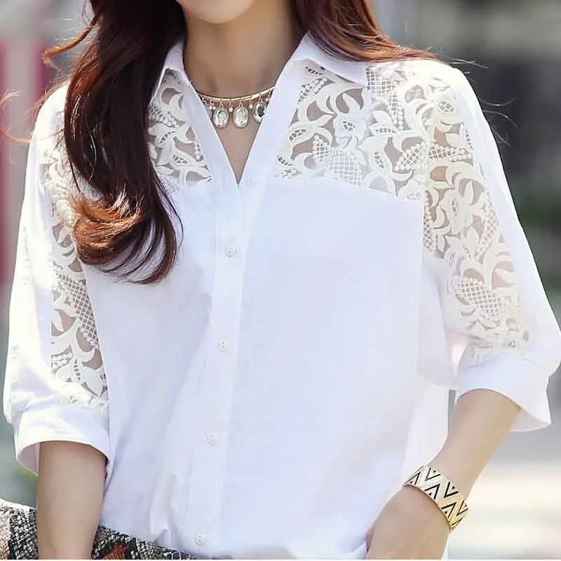 Korean Style White Hollow Out Blouse Loose Casual Plus Size V Neck Blouses New Fashion Solid Color Women's Shirt | Женская одежда