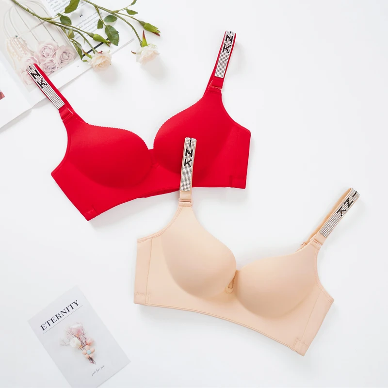 Women Diamonds Bra Gathered Push Up Lnlay Pink Letter Masonry BaldricTop Gather Adjustable 32-44 plus size lingerie