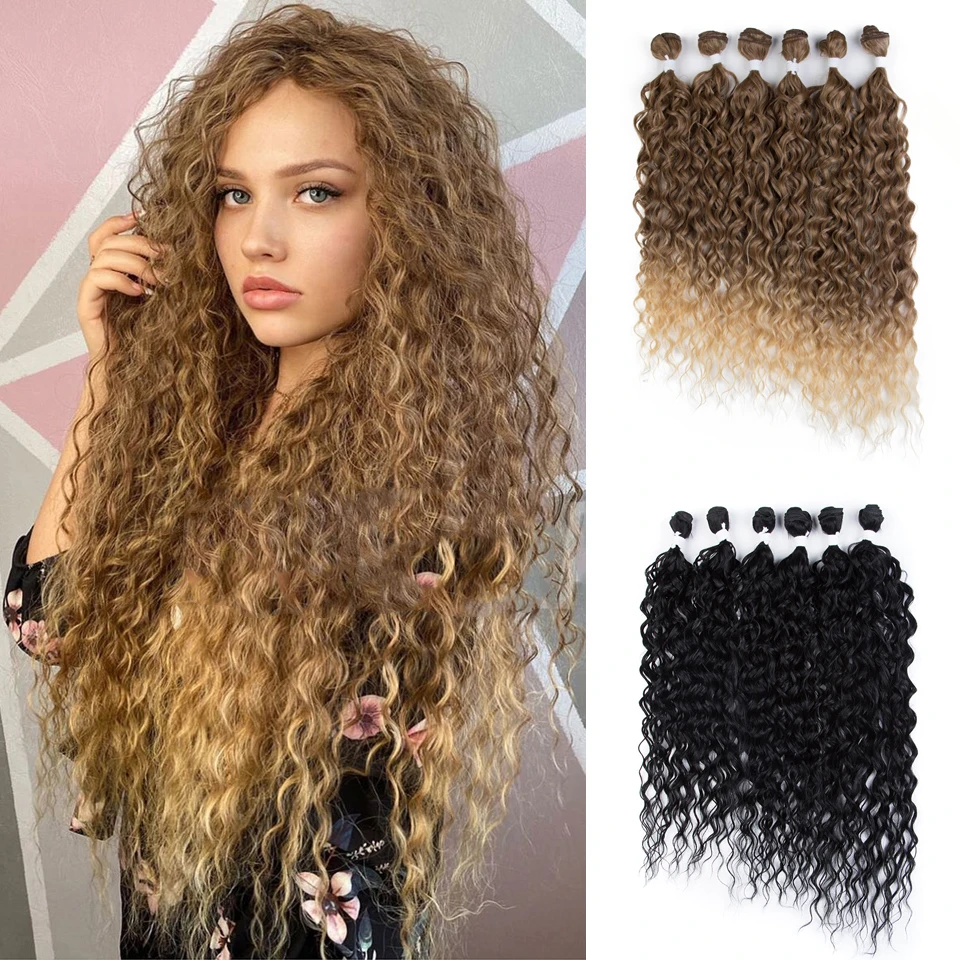 

Bella Synthetic Afro Kinky Curly Hair Bundles Hair Extensions 24-28 Inch 6Pcs/Lot Ombre Blonde Hair Weaves For White Women