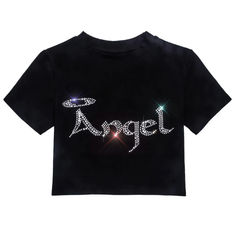 

Women Sexy Crop Top Summer Sexy T Shirts Angle Letter Print Black Tees Super Short Tops Short Sleeve Sexy Streetwear Fashion