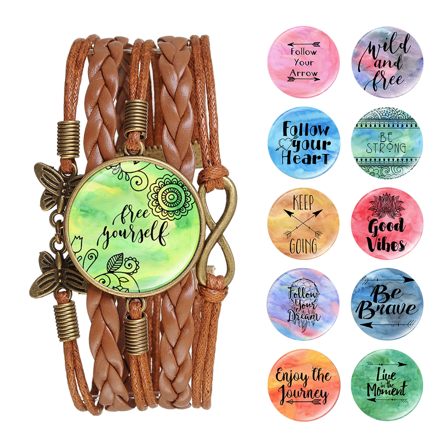 Женский кожаный браслет ручной работы коричневый с подвеской из закаленного