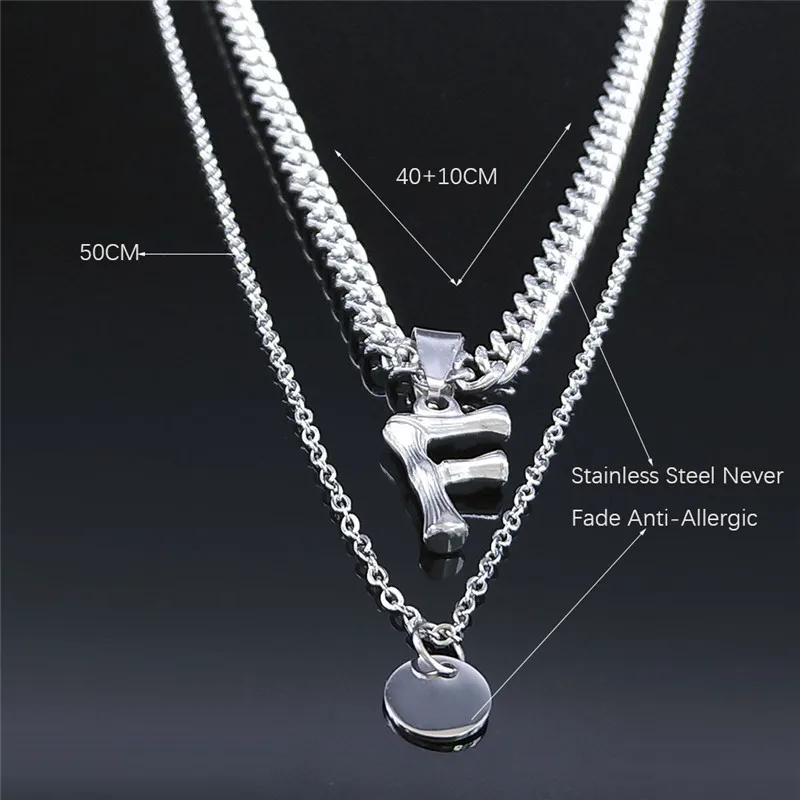 

2021 Fashion Punk Letter F Stainless Steel Layered Statement Necklaces Men/Women Silver Color Jewelry collar inicial NK84S03