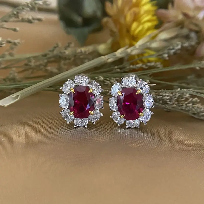 

Jazaz Fine Earrings 925 Sterling Silver Fine Sparking Oval Ruby Stud Earrings Women Lady Girls Shiny White Zircon Jewelry B0526