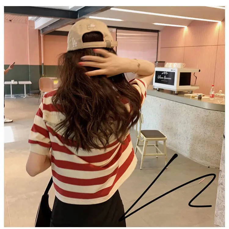 

Knitted Short Sleeve Striped T-shirt women's summer 2021 new slim Polo cardigan open back short top