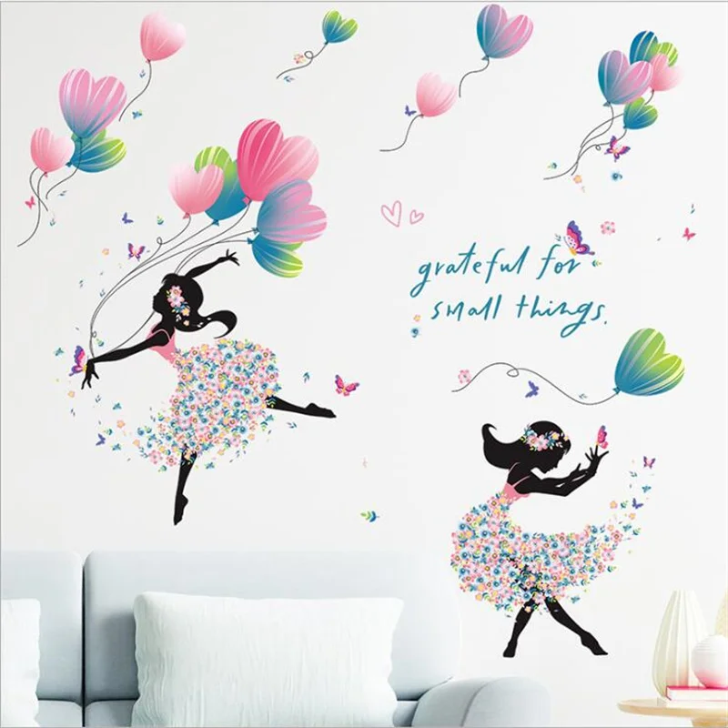 

2PCS Removable Dancing Girl Balloon Flowers Butterfly Wall Sticker For Girls Bedroom Home Decoration Self-adhesive Wallpaper