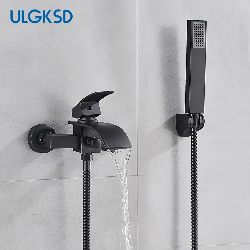 

Смеситель для ванны ULGKSD, настенный смеситель из твердой латуни с носиком «Водопад», смеситель для горячей и холодной воды, черный цвет