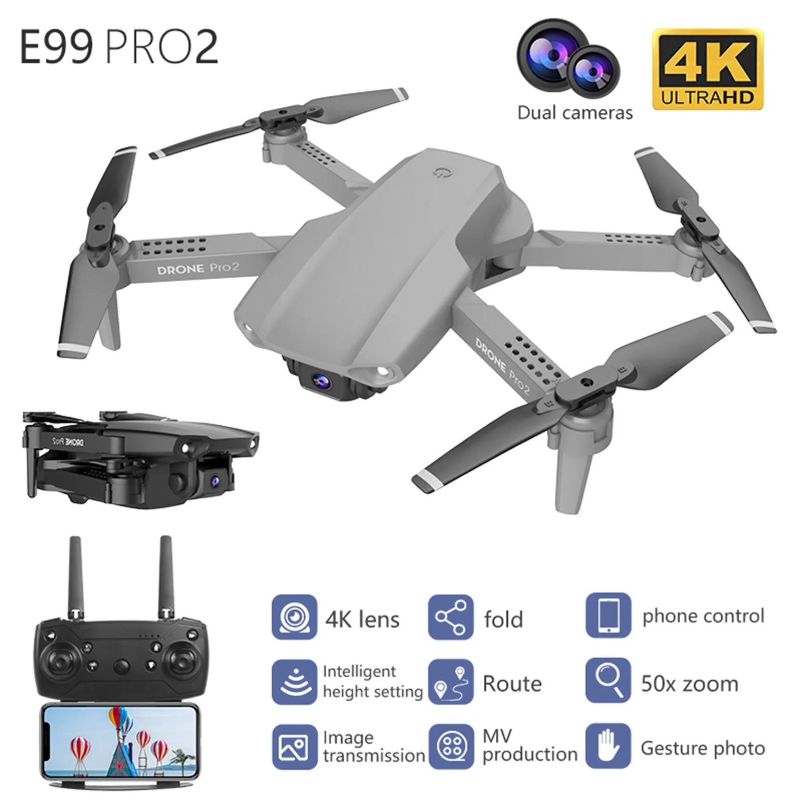 

2021 New E99 Pro2 RC Mini Drone 4K 1080p Dual Camera WIFI FPVAerial Photography Black And Gray Foldable Dron Quadcopter Toys #K
