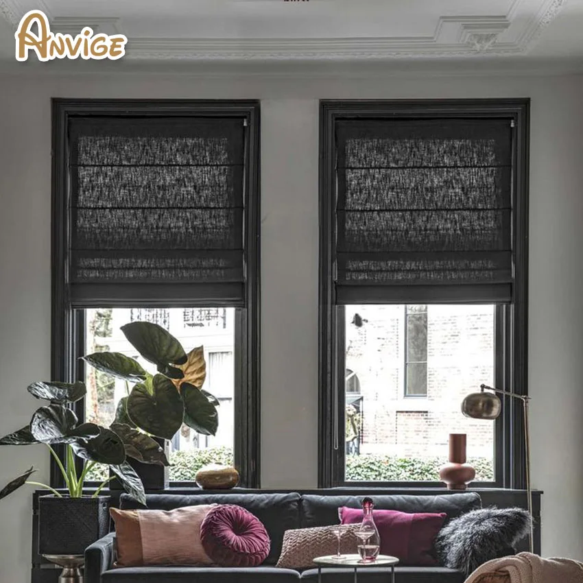 

Modern Cotton Linen Dark Grey Color Flat Roman Shades Customized Roman Blinds With Installation Included