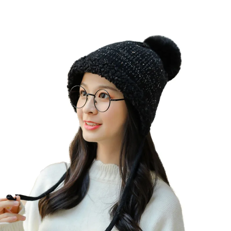 

Lamb wool hats women's knitted fleece-lined caps winter bomber hats with velvet thickness warm hats cold-proof caps for girls