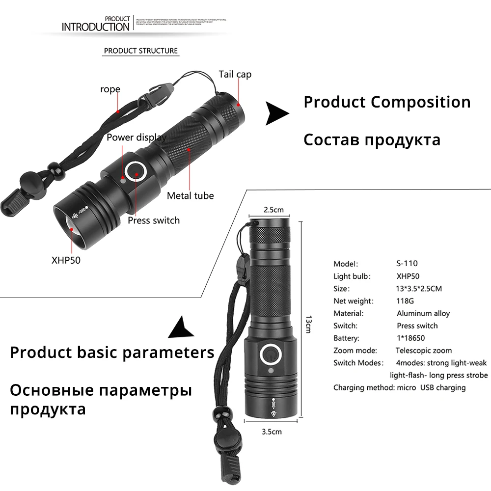 Супер яркий светодиодный фонарь XHP50 с нижним магнитом водонепроницаемый