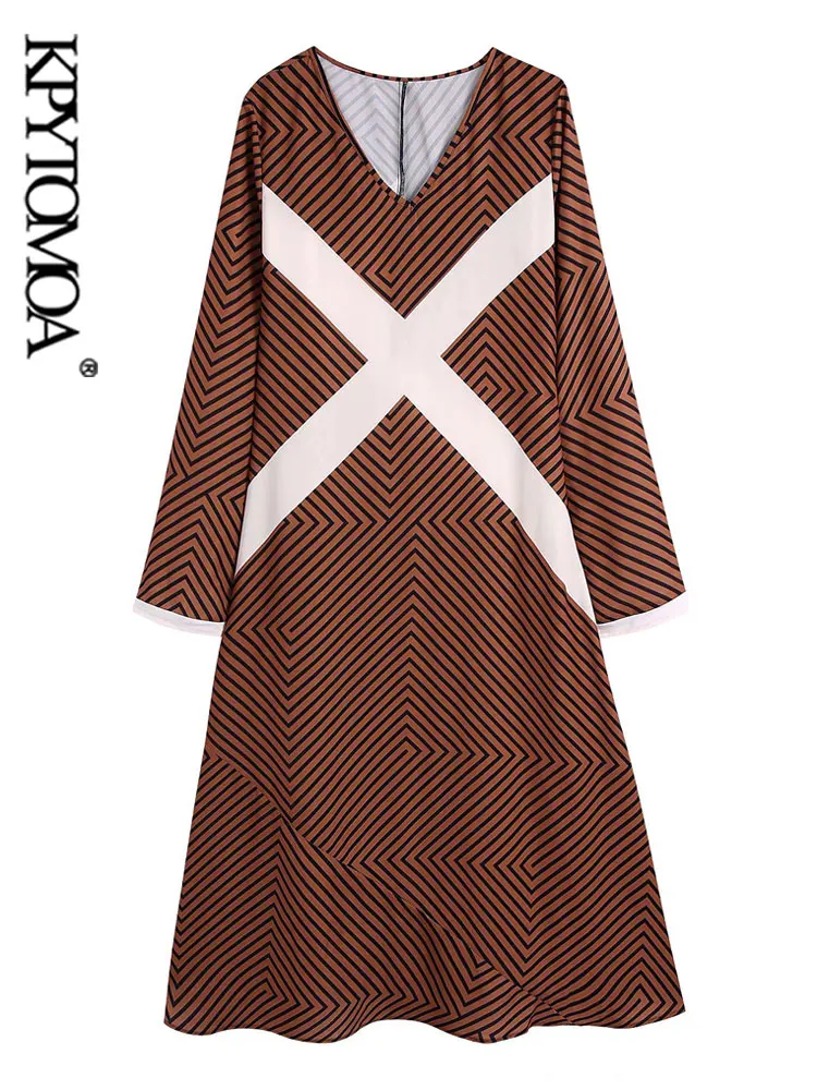 

KPYTOMOA Women Fashion Side Zipper Striped Print Midi Dress Vintage O Neck Long Sleeve Female Dresses Vestidos Mujer