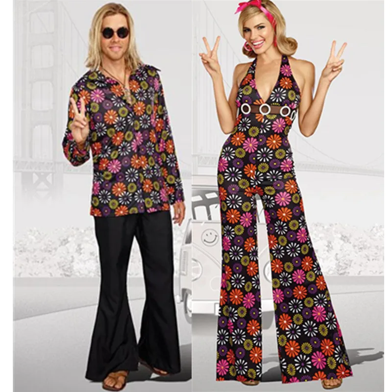 Костюм на Хэллоуин для женщин мужчин пары Ретро Хиппи костюмы в стиле диско