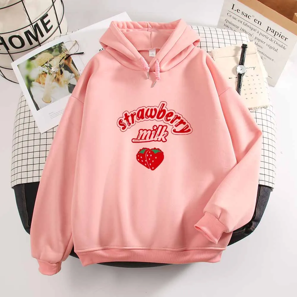 

Harajuku Hoodie Hip Hop Streetwear Printed Sweatshirt Kawaii Streetwear Aesthetic Clothes Strawberry Milk Graphic Long Sleeve