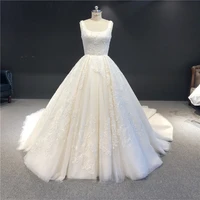 real newest high quality customized champagne square collar sleeveless lace up tulle with lace beading ball gown wedding dress