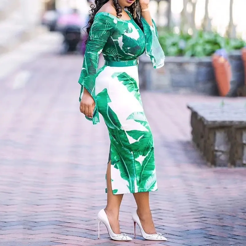 Green Leave печатных Bodycon платье с открытыми плечами длинным рукавом холодное плечо