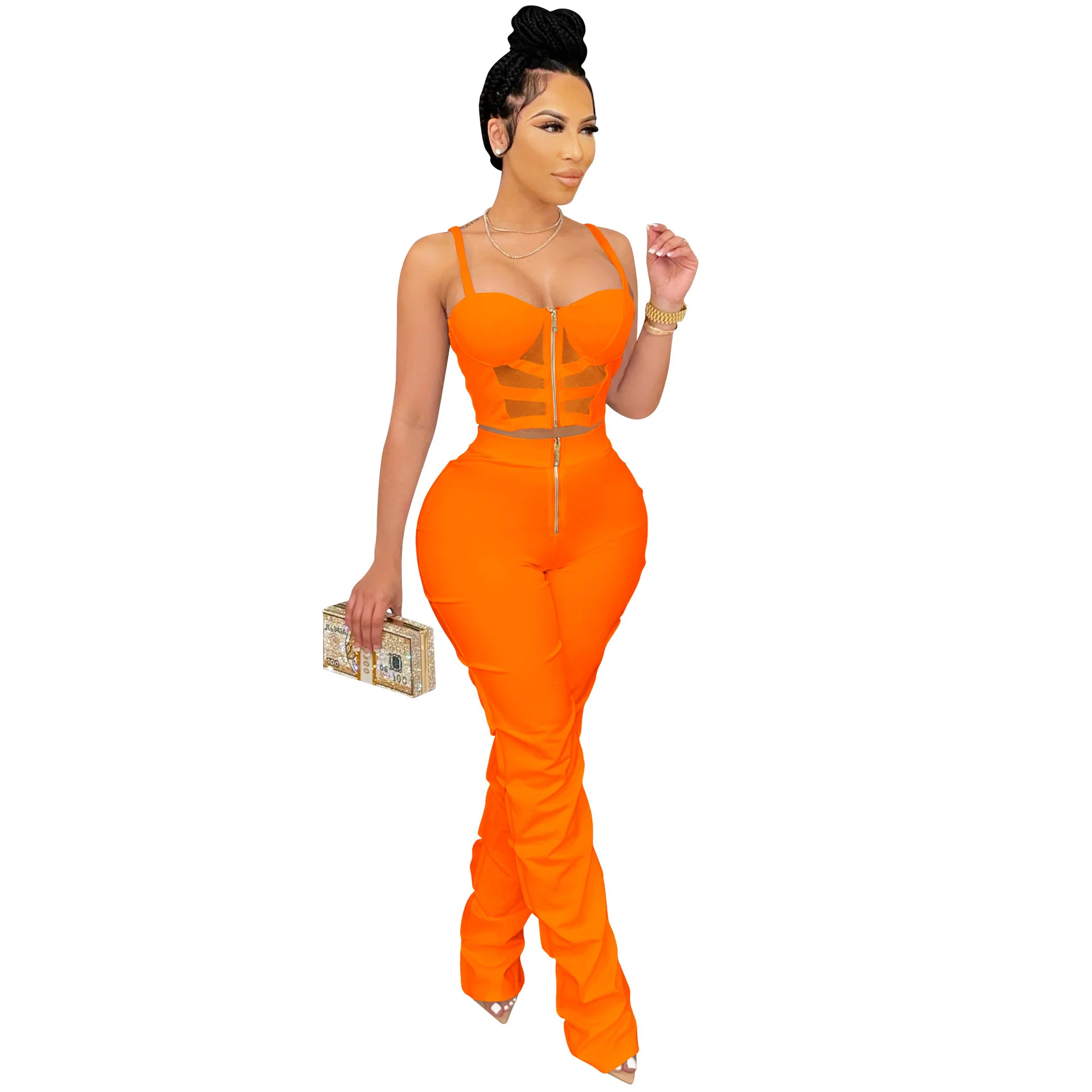 

Zipper Casual 2 Piece Set Sexy Pants And Crop Top Women Set Outfits Skinny Hollow Out Sleeveless Vest Trousers Sets