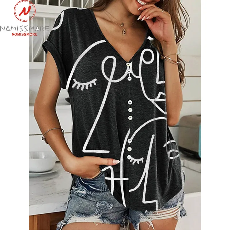 

Fashion Women Summer Casual Loose T-Shirts Single-Breasted Design V-Neck Short Sleeve Sketch Print Pullovers Top