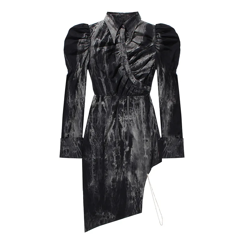 

2021 Spring New Oblique Placket Irregular Ruffles Puff Sleeve Slim Fold Basic Fashion Women Dress Dresses Personality WQ845