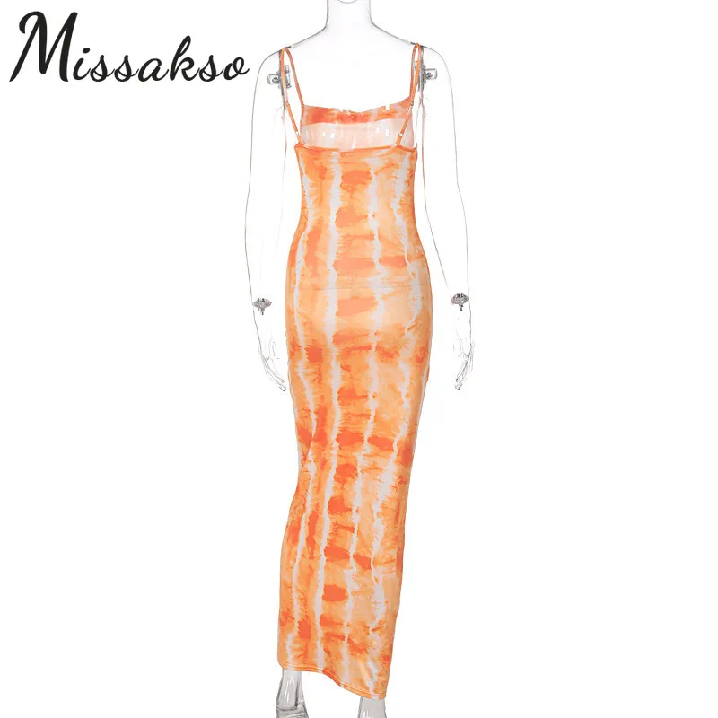 

Missakso Floral Print Tie Dye Dress Beach Party 2021 Summer Yellow Women Sexy Bodycon Backless Spaghetti Strap Midi Dresses