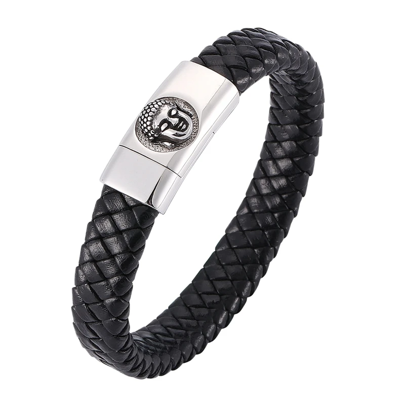 Steel color buckle Браслет из натуральной кожи и браслет с головой Будды, аксессуары с магнитной пряжкой для мужчин, браслет, ювелирные изделия SP0315 - Окраска металла: Steel color buckle