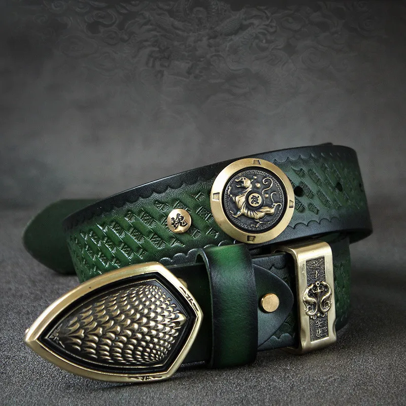 Handmade Pure Copper Feather Scale Shield Genuine Leather Strap Male Belts For Men Women Cowhide Vintage Oin Buckle Belt