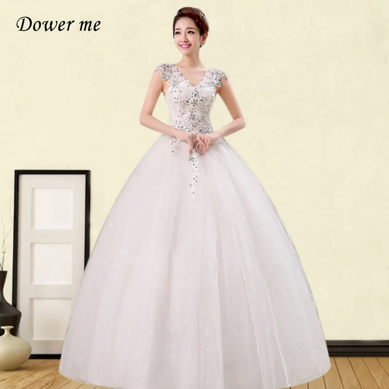 

Formal Long Wedding Dress GR692 Shiny Crystal Vestidos De Novia V-Neck Sleeveless Bridal Gowns Lace Embroidery Wedding Dresses