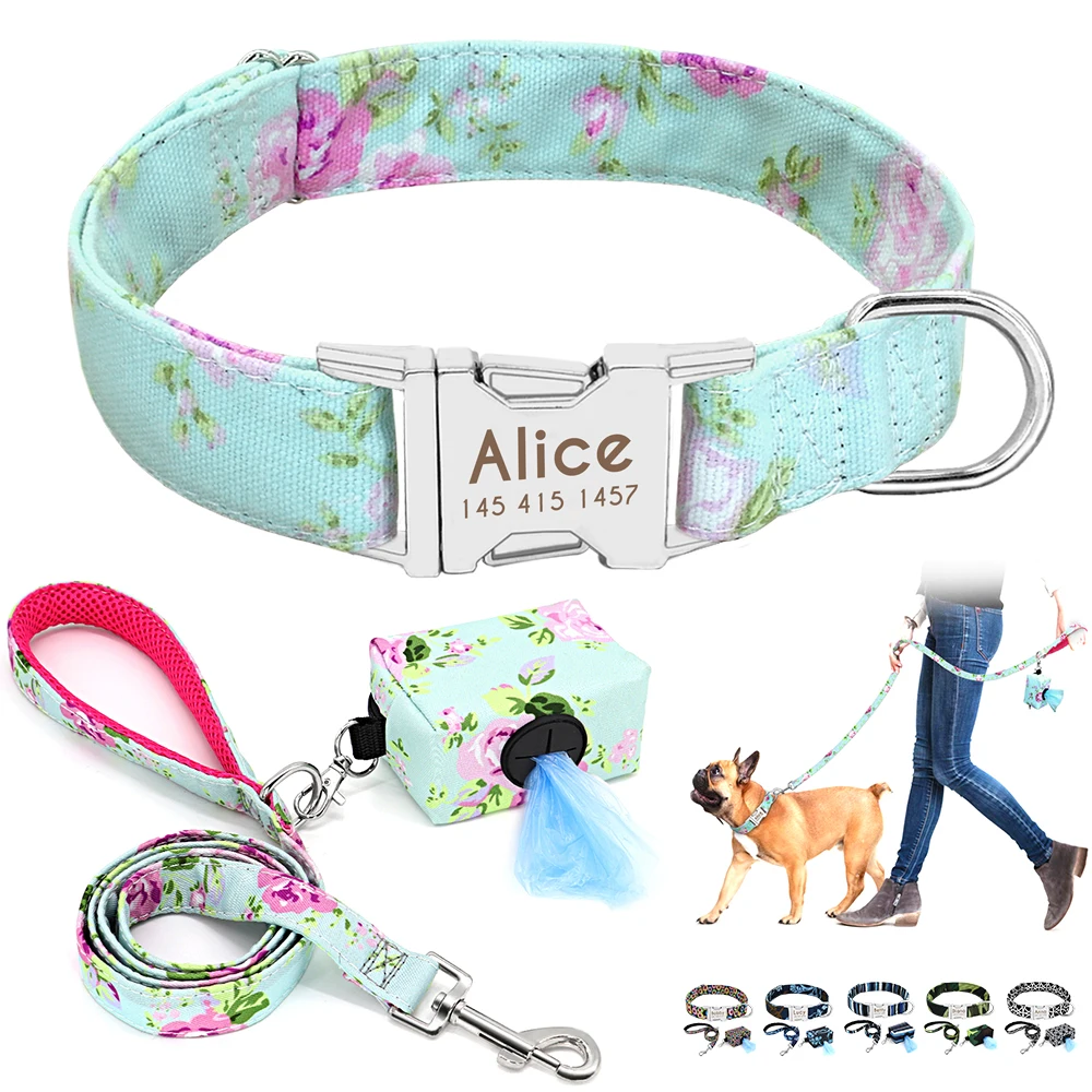 

Custom Dog Collar Leash With Litter Bag Personalized Print Dog Collar Lead Engraved Name Dog Poop Bag For Small Medium Large Dog