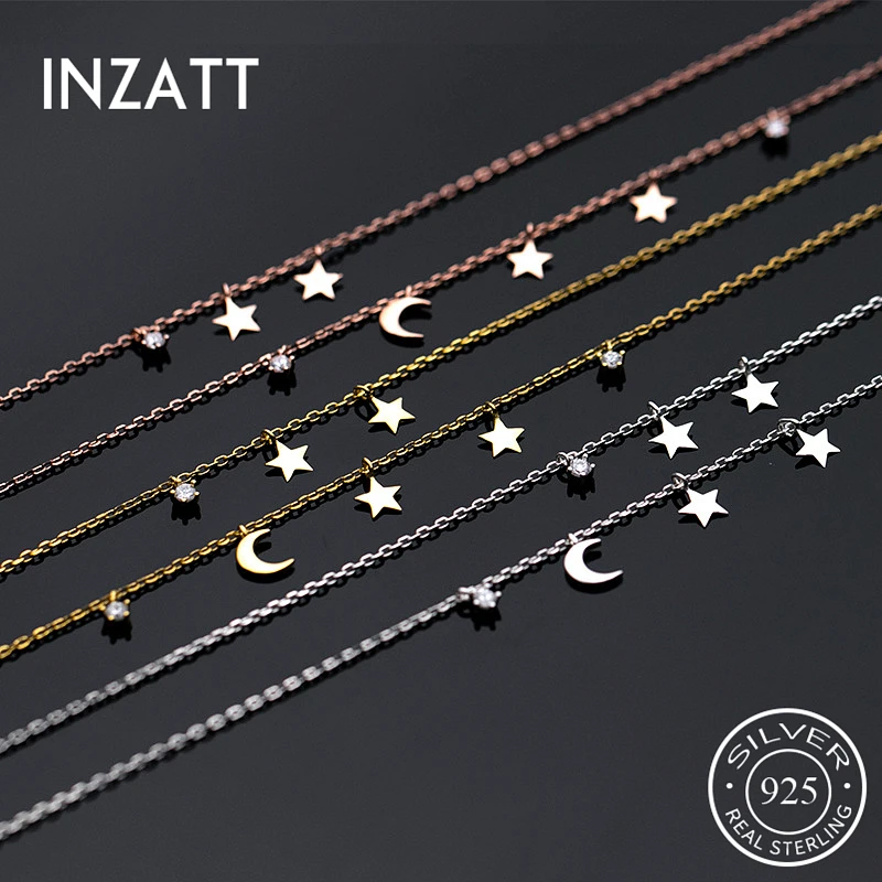 

INZATT Real 925 Sterling Silver Zircon Star Moon Double Chain Choker Necklace For Fashion Women Party Fine Jewelry Accessories