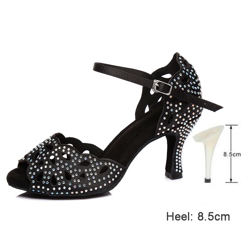 Black 8.5CM HROYL/Женская обувь для латинских танцев для девушек, Женская Обувь для бальных танцев со стразами, танцевальная обувь для танго 10/8, 5/7, 5, 6 см - Цвет: Black 8.5CM