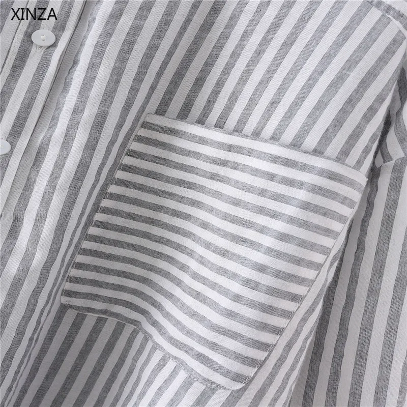 

2021 Women Striped Pocket Loose Shirt Za Long Sleeve O Neck Office Spring Shirts Female Chic Button Up Vintage Blouse Top
