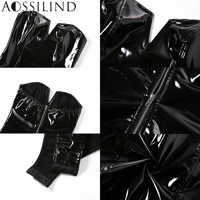 

AOSSILIND Strapless PU Leather Sexy Bodysuit Women Off Shoulder Black Rompers Ladies Backless Club Skinny Bodysuits
