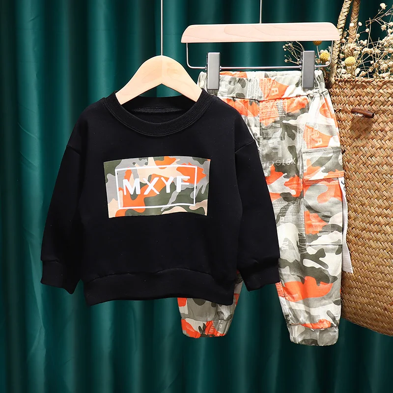 Камуфляжная одежда для маленьких мальчиков Топ с круглым вырезом девочек + брюки принтом Хлопковое платье