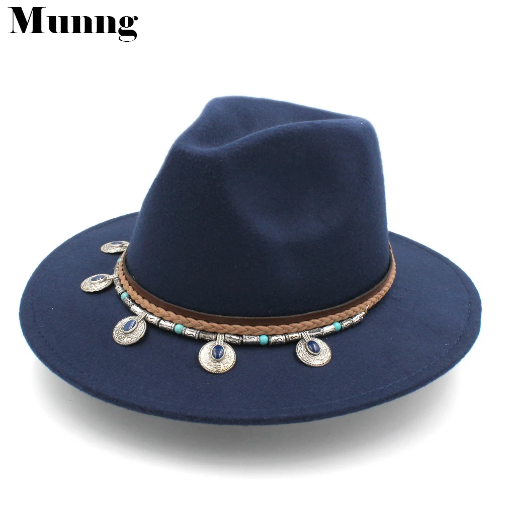 

Munng Fashion Unisex Wool Blend Wide Brim Panama Fedora Hat Turquoise Leather Belt