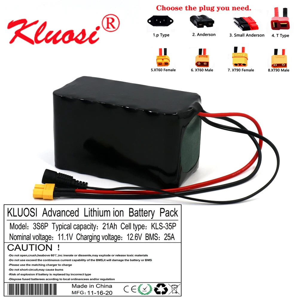 

KLUOSI 3S6P 12V 21Ah 10,8 V 20Ah 12,6 V литиевая Батарея Пакет 250 Ватт высокое Мощность для мотороллера светильник и т. д. с 25A BMS XT60