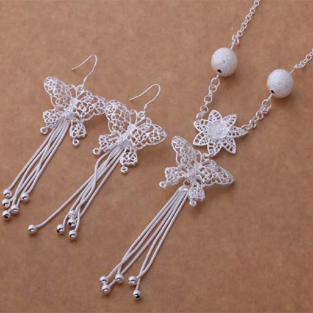 

Hot Party 925 Silver Temperament Charm Matte Hanging Beads Butterfly Fringe Necklace Drop Earrings Fashion Women Jewelry Sets