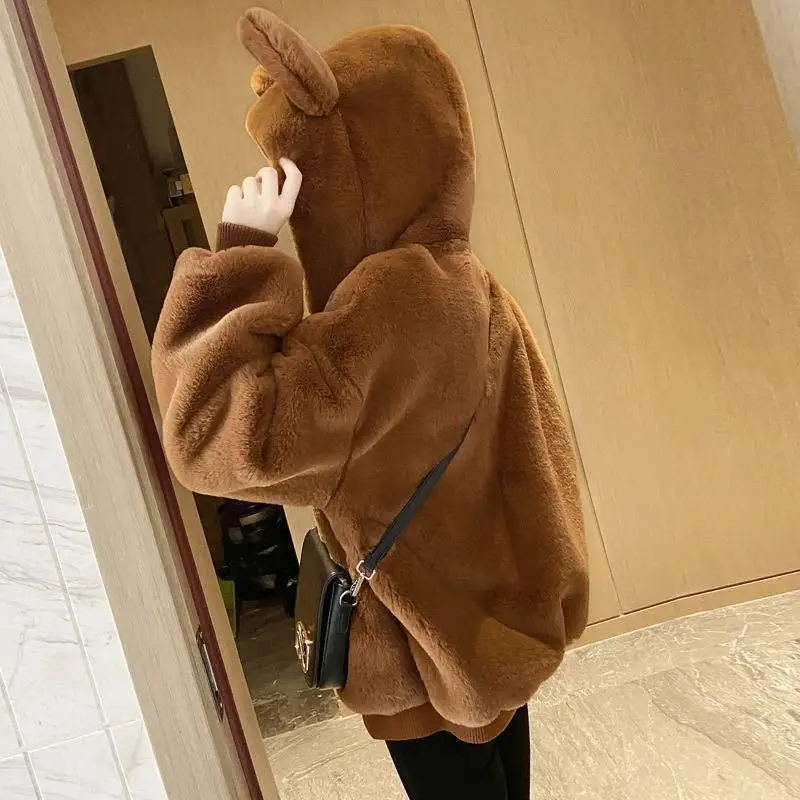 Japanese Kawaii Women's Coat Winter Teddy Bear Jackets Fashion Loose Plus Velvet Thick Hooded Furry Women Faux Fur Jacket Brown