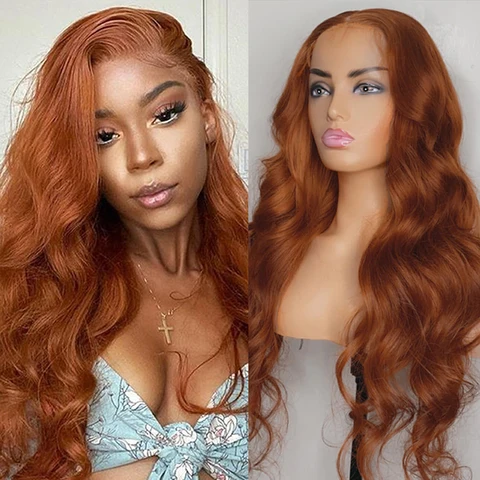 Волнистые передние парики из человеческих волос, женские парики с имбирной застежкой оранжевого цвета, стандартный бразильский парик с T-образной пряжкой без повреждений, 180%