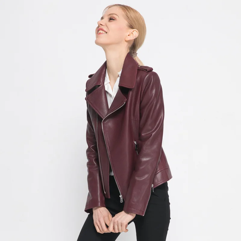 

SHZQ 2021 Spring New Leather Coat Women's Coat Short Slim Fit Korean Wine Red Sheepskin Motorcycle Leather Jacket
