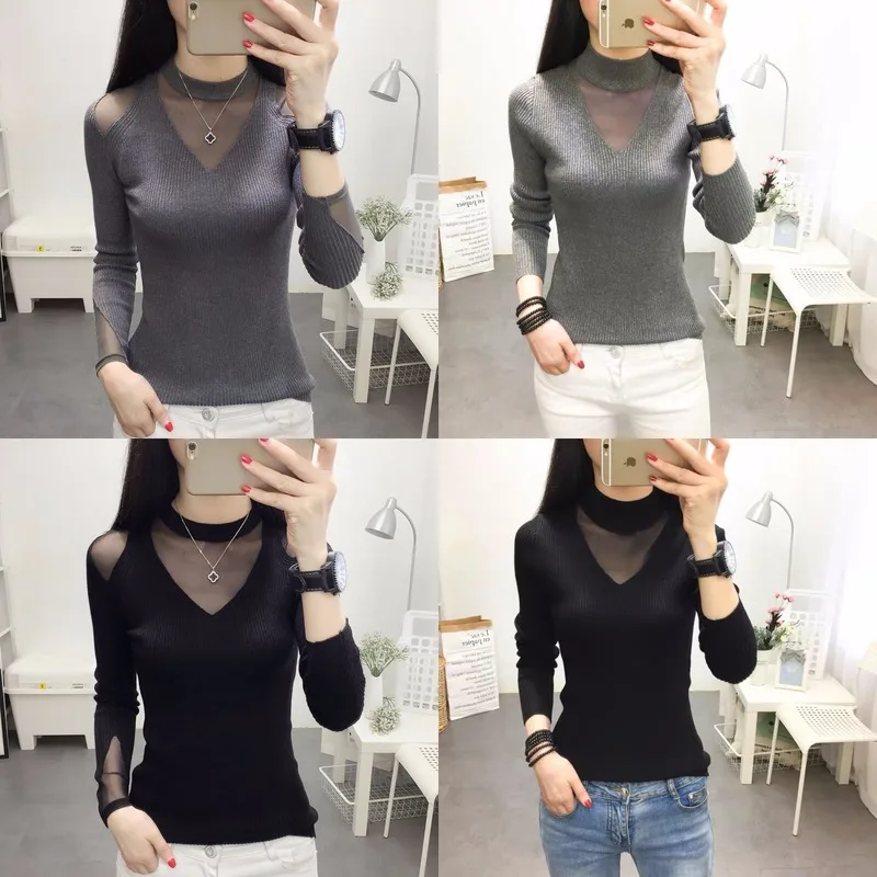 Женский свитер с круглым вырезом облегающий кружевной открытыми плечами