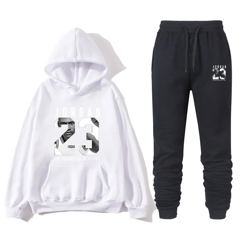 New men's sweater suit 23 sportswear sweater suit fleece hoodie+ sports pants jogging men's and women's sweater 3XL sportswear - Color: white