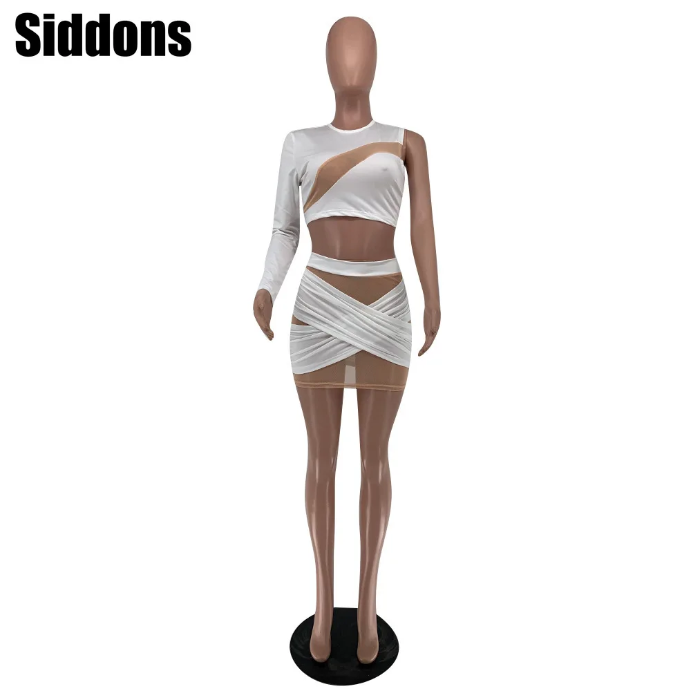 

Women Mesh Patchwork O-neck Short Tops and Mini Dress Summer Sexy Outfits 2 Pcs Set